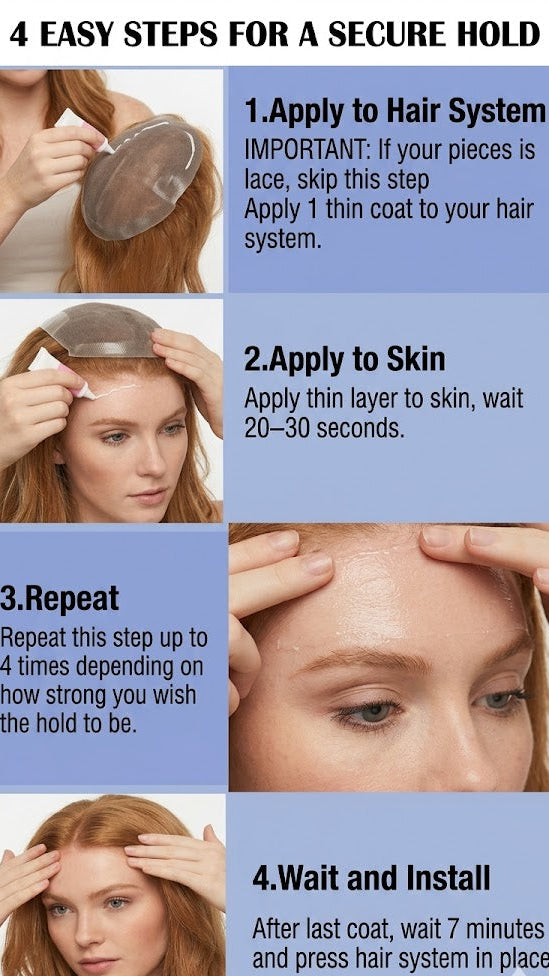 Instructions for applying a hair system with steps and important notes.