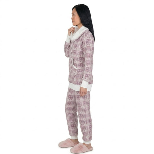 Person wearing a pink and white checkered onesie with a hood on a white background