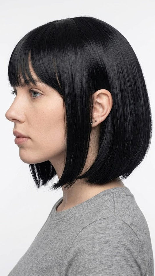 Short Black Bob Wig with Bangs | 14 Inch Straight Synthetic Glueless Wig | Zebaish Wigs & Extension
