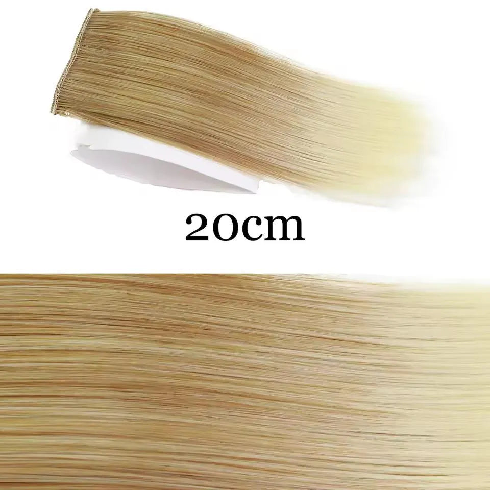 Blonde hair extensions with a length of 20cm on a white background