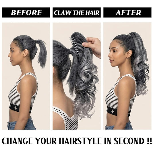Ponytail Extension 14" Grey Ombre Long Body Wave Hairpiece for Women | Zebaish Wigs And Extensions