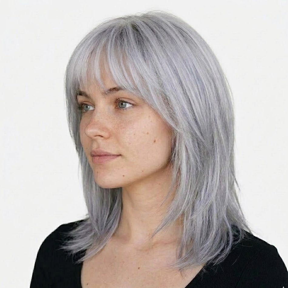 16" Silver Gray Straight Wig With Bangs - Shoulder Length Synthetic Hair | Zebaish Wigs & Extensions