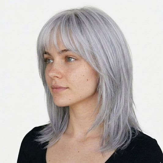16" Silver Gray Straight Wig With Bangs - Shoulder Length Synthetic Hair | Zebaish Wigs & Extensions