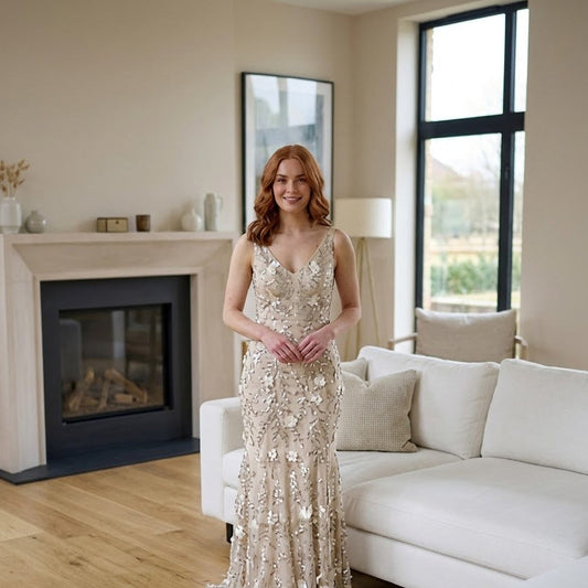 NWT Dress The Population Floral Sequin Embroidered Maxi Gown Dress White S
