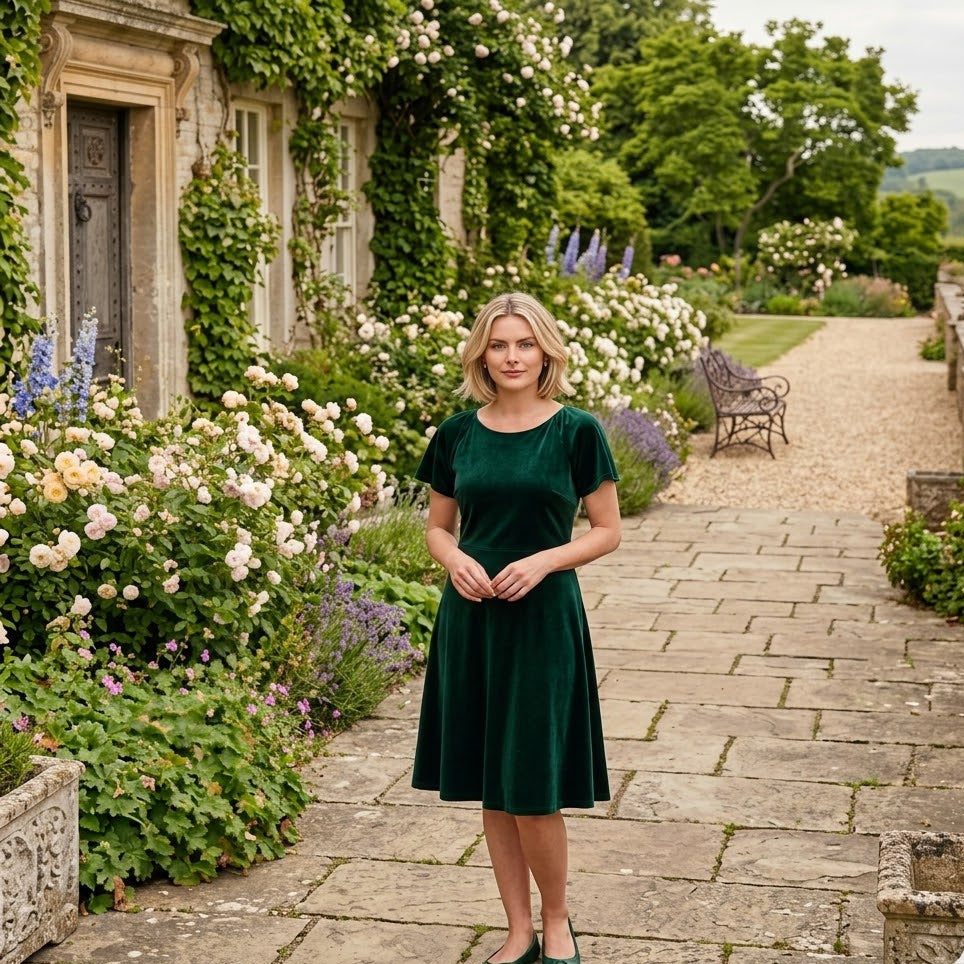 Woman in a green dress standing in a garden with flowers and a stone path.