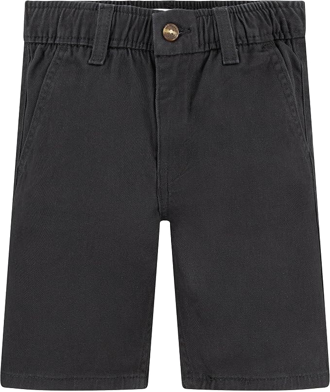 Black cotton shorts with an elastic waistband and a single button closure, shown flat against a white background.