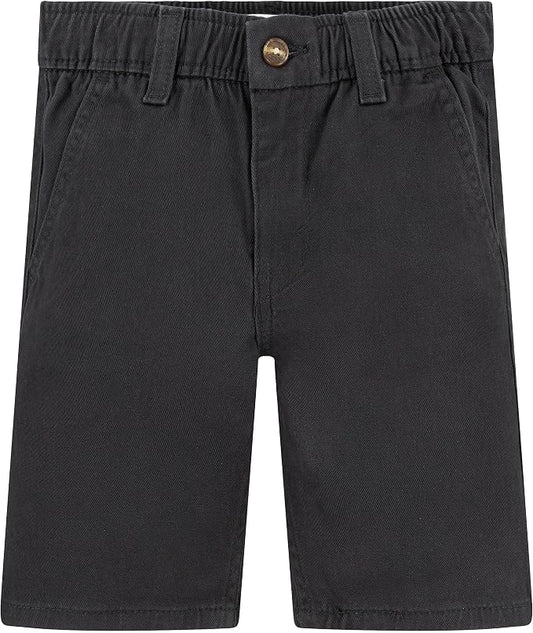 Black cotton shorts with an elastic waistband and a single button closure, shown flat against a white background.