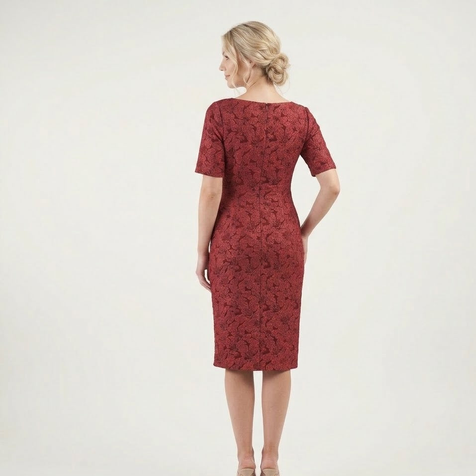JS Collections Gianna Red Floral Brocade Mock-Wrap Sheath Dress Size 8