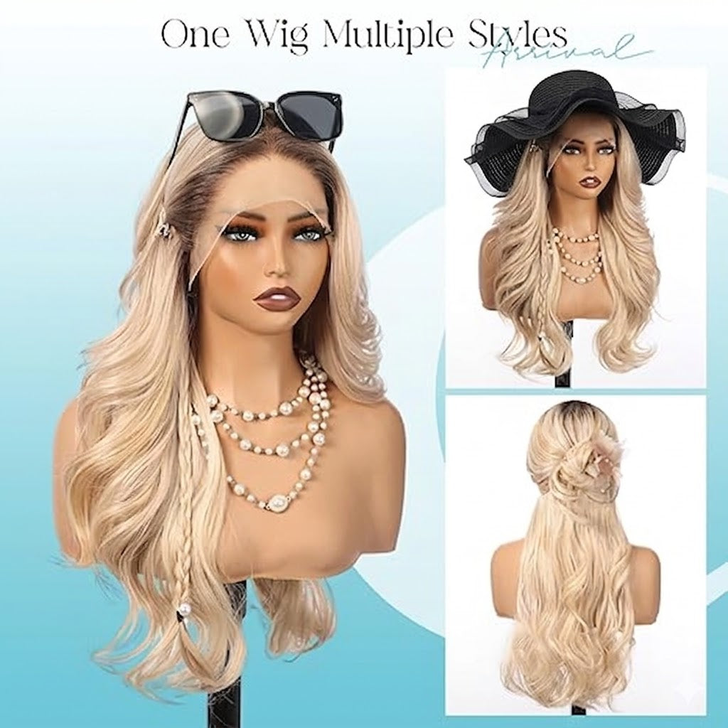 HD Lace Front Wig, Ombre Blonde, 26" Long Wavy Synthetic Hair, Glueless Wig| Zebaish Wigs & Extensions