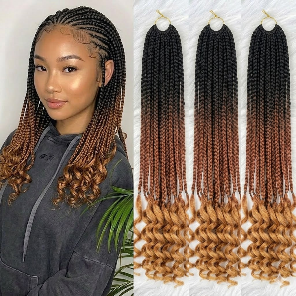 24" Ombre Goddess Box Braids Crochet Hair Pre-Looped Boho Braids Wavy Curly Ends Synthetic Braiding Hair Extensions 3-Tone Mix | Zebaish Wigs & Extensions