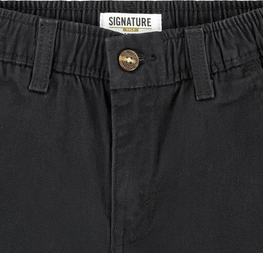 Close-up of black pants showing the waistband, belt loops, button closure, and a white interior label that reads SIGNATURE with a small gold logo.