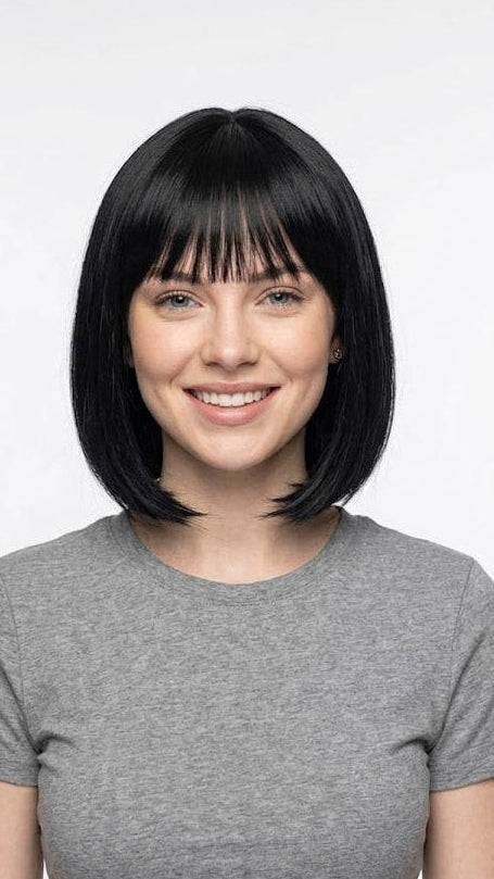 Short Black Bob Wig with Bangs | 14 Inch Straight Synthetic Glueless Wig | Zebaish Wigs & Extension