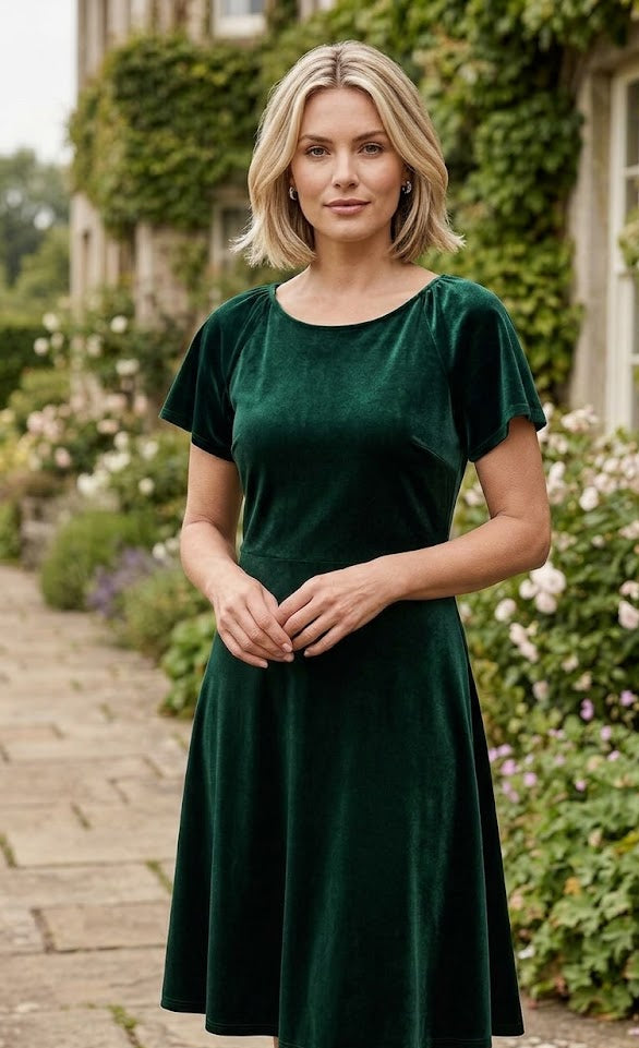 Woman wearing a green dress standing in a garden.