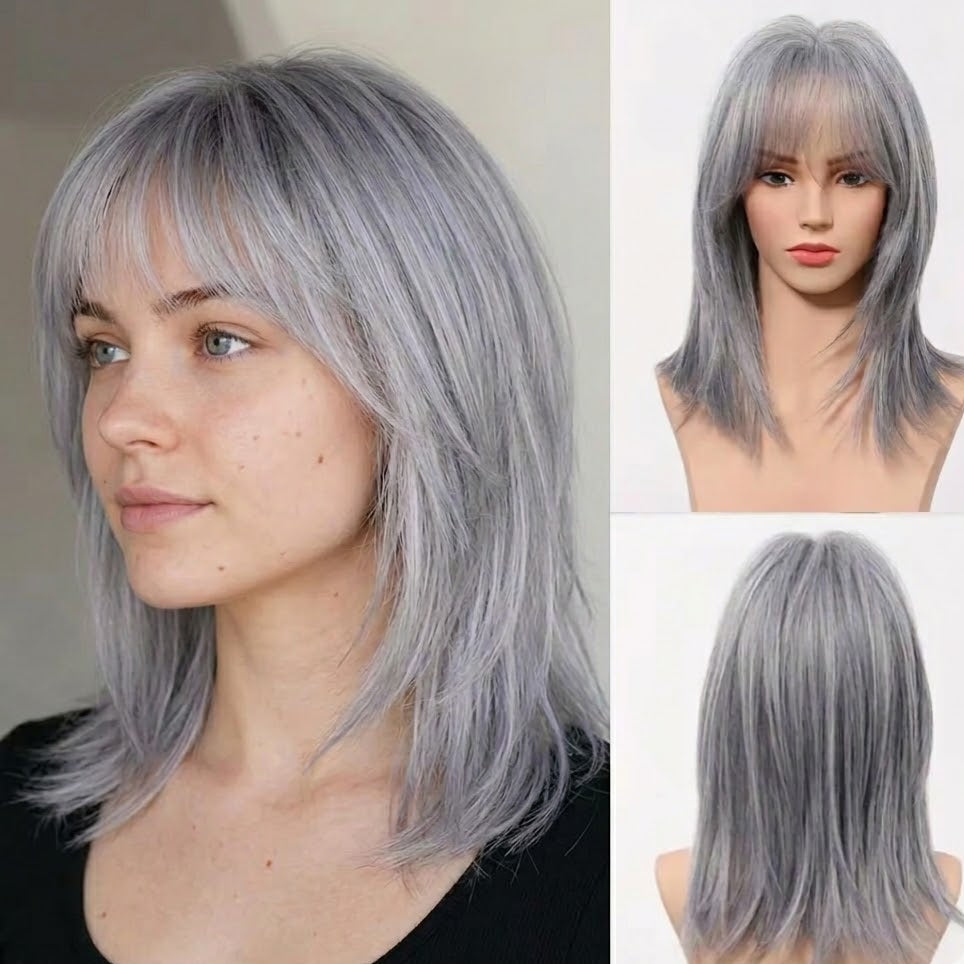 16" Silver Gray Straight Wig With Bangs - Shoulder Length Synthetic Hair | Zebaish Wigs & Extensions