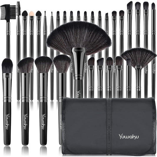 32-Piece Professional Makeup Brush Set with Travel Wrap Case – Black Foundation, Eyeshadow Tools | Zebaish Wigs And Extensions