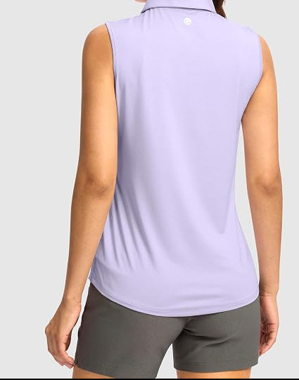 Person wearing a light purple sleeveless shirt and gray shorts on a white background