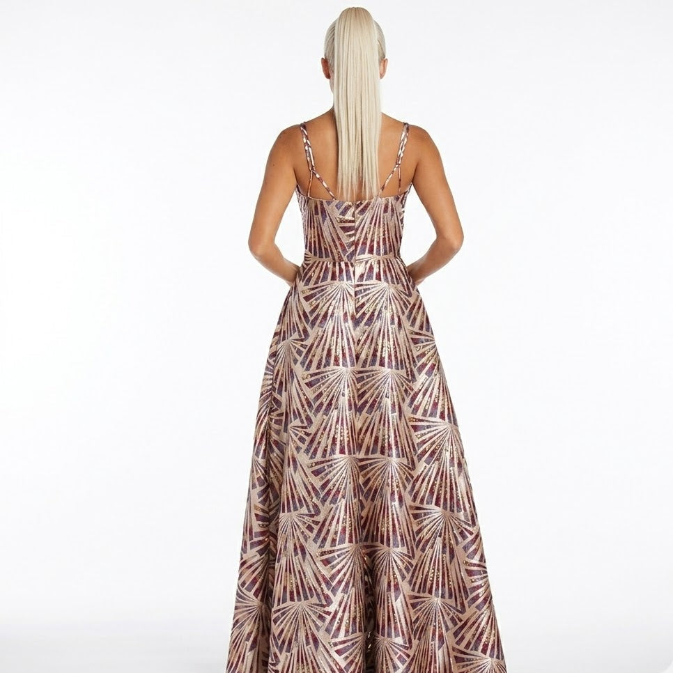 Nightway Plus Size 22W Metallic Art Deco Brocade Gown Double Strap Prom Formal