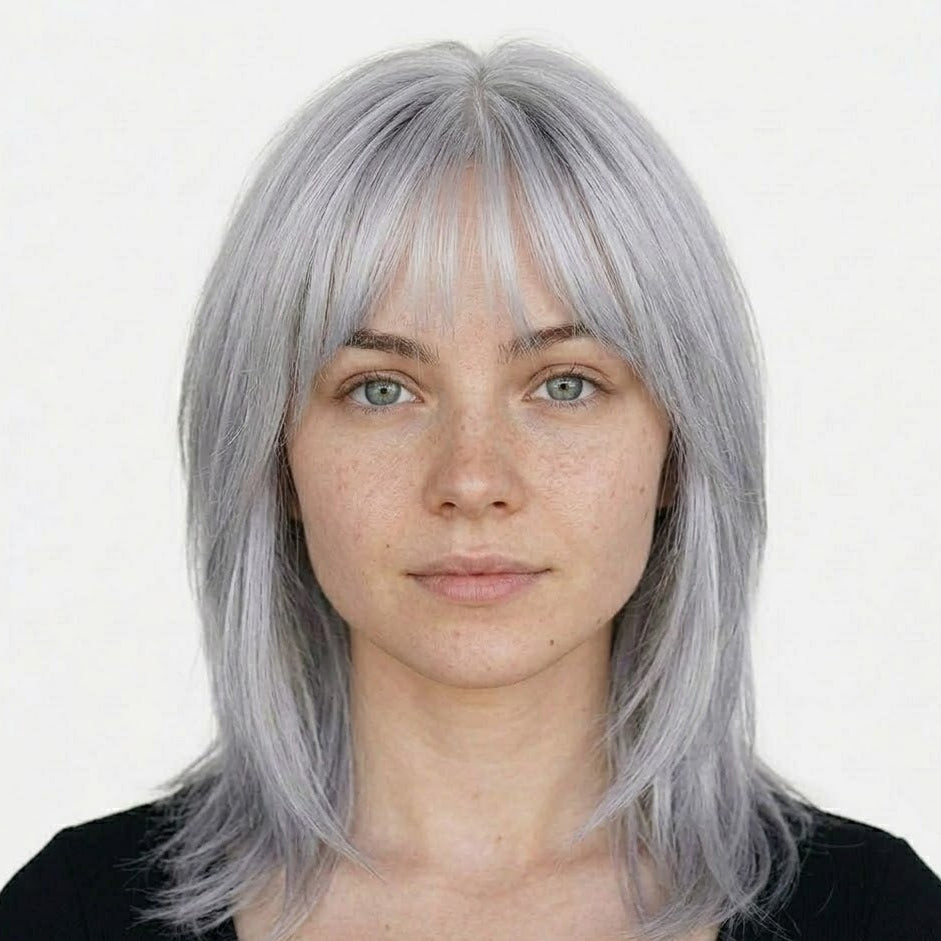 16" Silver Gray Straight Wig With Bangs - Shoulder Length Synthetic Hair | Zebaish Wigs & Extensions