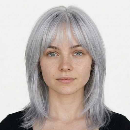 16" Silver Gray Straight Wig With Bangs - Shoulder Length Synthetic Hair | Zebaish Wigs & Extensions