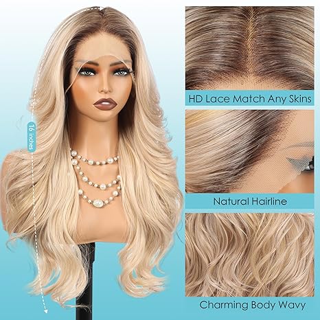 HD Lace Front Wig, Ombre Blonde, 26" Long Wavy Synthetic Hair, Glueless Wig| Zebaish Wigs & Extensions