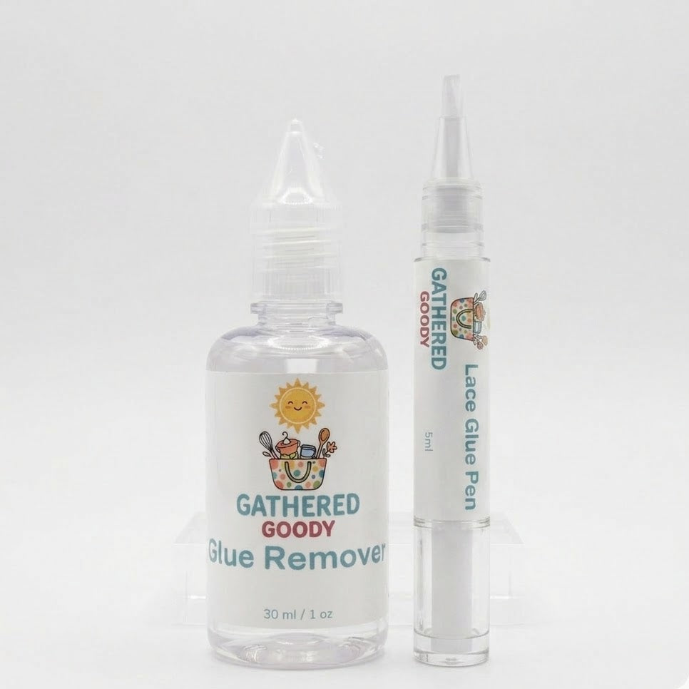Gathered Goody glue remover bottle and pen on a white background