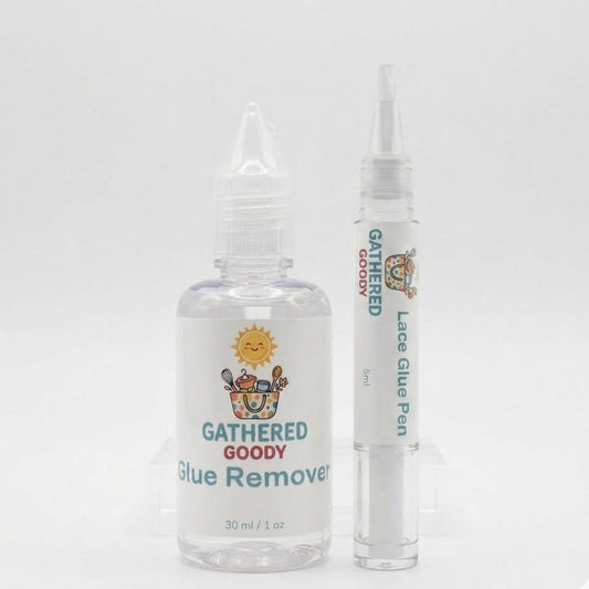 Gathered Goody glue remover bottle and pen on a white background