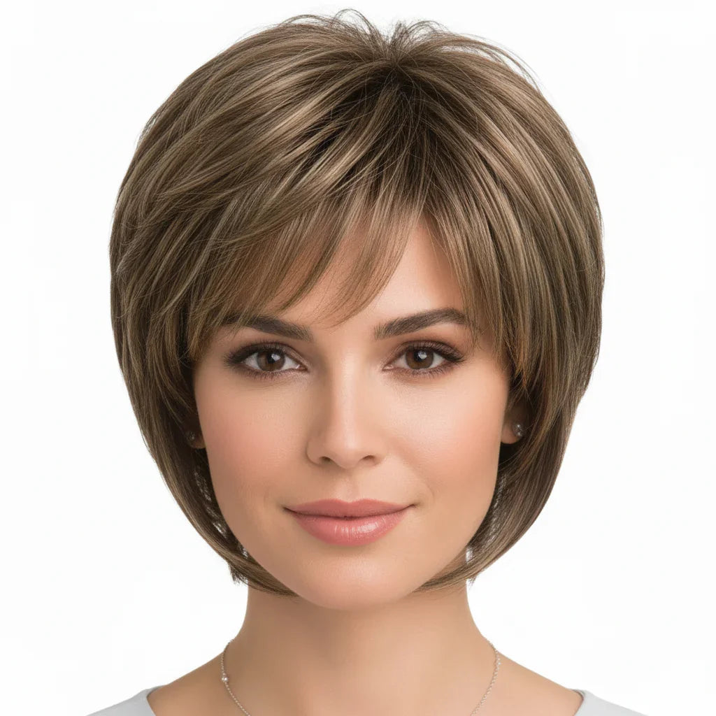 Zebaish Light Brown With Mixed Blonde Highlights Short Bob Wig with Bangs | Zebaish Wigs & Extensions