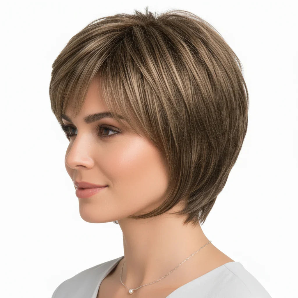 Zebaish Light Brown With Mixed Blonde Highlights Short Bob Wig with Bangs | Zebaish Wigs & Extensions