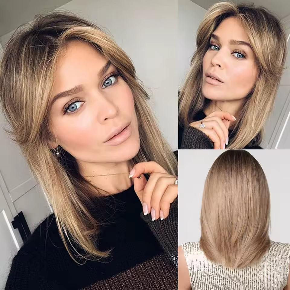 Ombre Brown Layered Synthetic Wig, Medium Length Straight Hair with Bangs (16 Inches) | Zebaish Wigs & Extensions