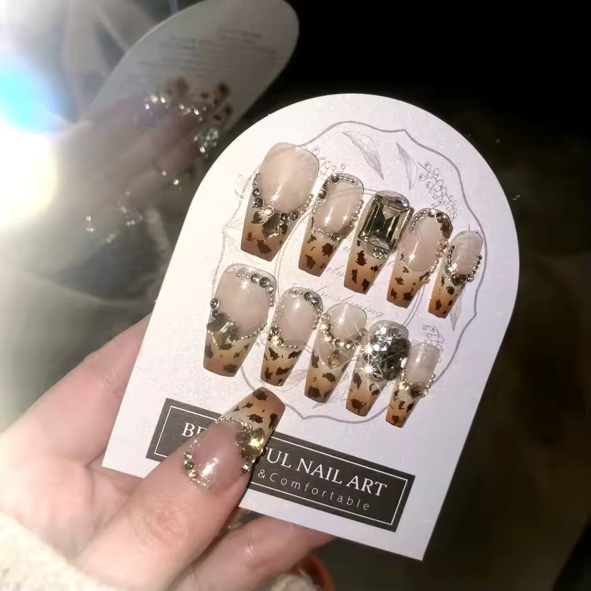 Leopard Pattern Fake Press On Nail Shiny Large Crystal French Wearable Spice Girls Fashion False Nails | Zebaish Wigs & Extensions