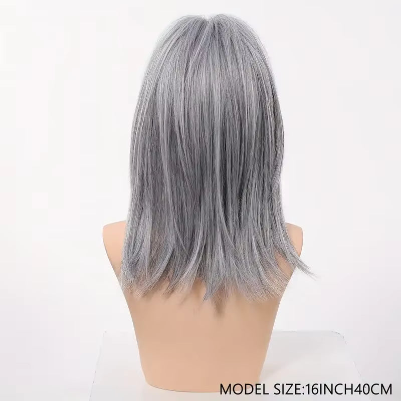 16" Silver Gray Straight Wig With Bangs - Shoulder Length Synthetic Hair | Zebaish Wigs & Extensions