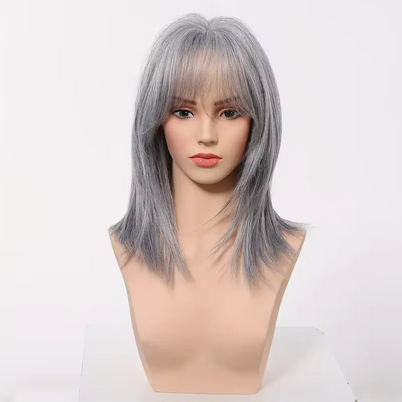16" Silver Gray Straight Wig With Bangs - Shoulder Length Synthetic Hair | Zebaish Wigs & Extensions