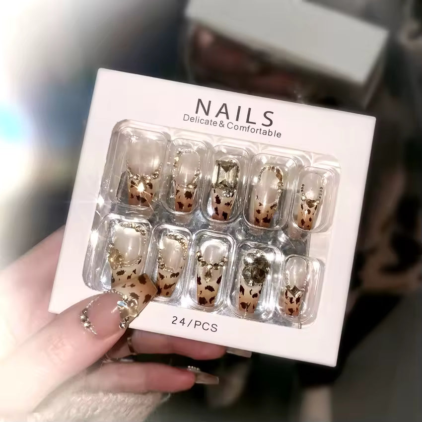 Leopard Pattern Fake Press On Nail Shiny Large Crystal French Wearable Spice Girls Fashion False Nails | Zebaish Wigs & Extensions