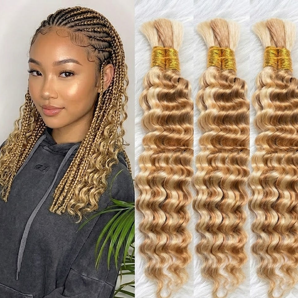 16-Inch Deep Wave Human Hair Bulk | Honey Blonde Mix (#27/613) | 2-Bundle Pack for Bohemian Braids & Knotless Styles | Zebaish Wigs & Extensions