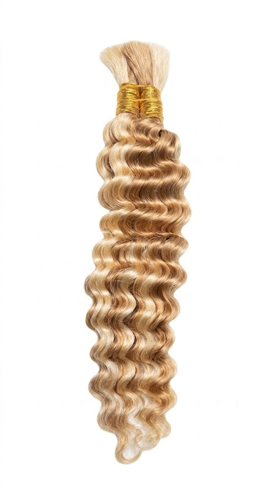 16-Inch Deep Wave Human Hair Bulk | Honey Blonde Mix (#27/613) | 2-Bundle Pack for Bohemian Braids & Knotless Styles | Zebaish Wigs & Extensions