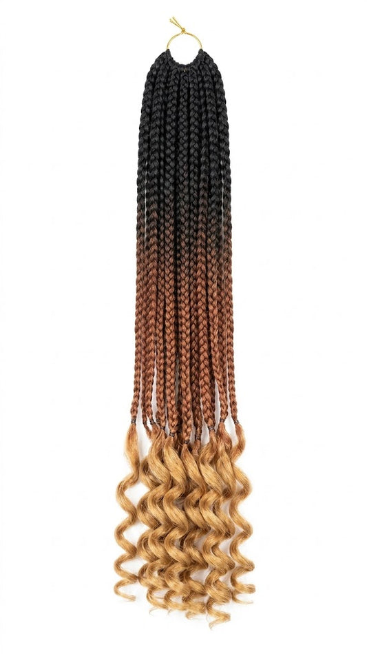 24" Ombre Goddess Box Braids Crochet Hair Pre-Looped Boho Braids Wavy Curly Ends Synthetic Braiding Hair Extensions 3-Tone Mix | Zebaish Wigs & Extensions