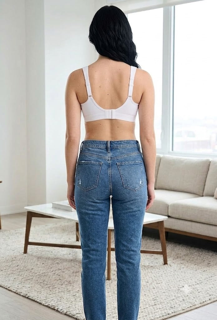 Person wearing a white crop top and blue jeans standing in a living room.