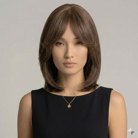 14" Bob cut Wig , 7" bang Chocolate Brown Color Synthetic Hair | Zebaish Wigs & Extensions
