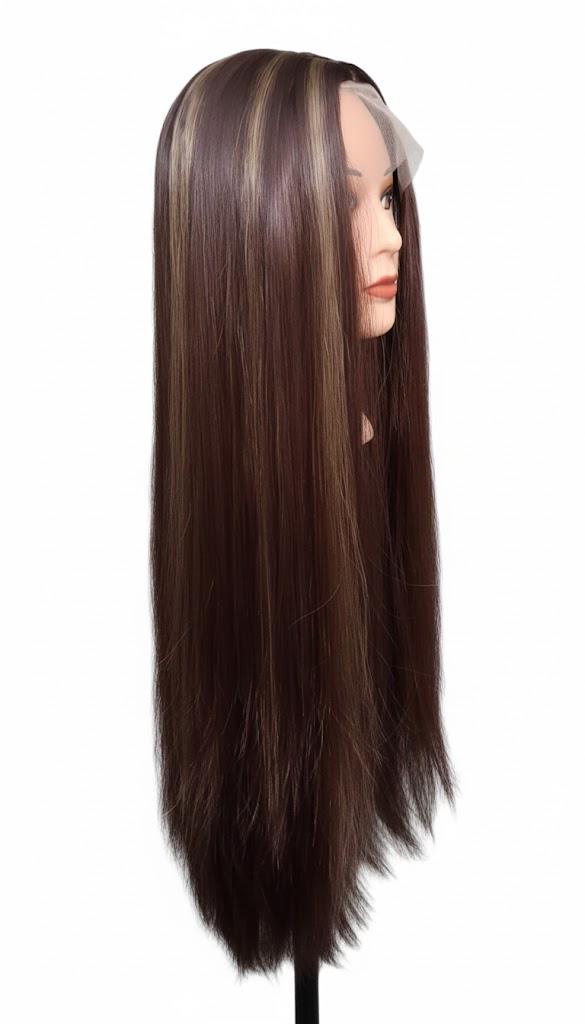 Brown To Caramel Highlights Fixed Parting Lace Wig 30" Long Straight Hair For Women Synthetic Hair | Zebaish Wigs & Extensions