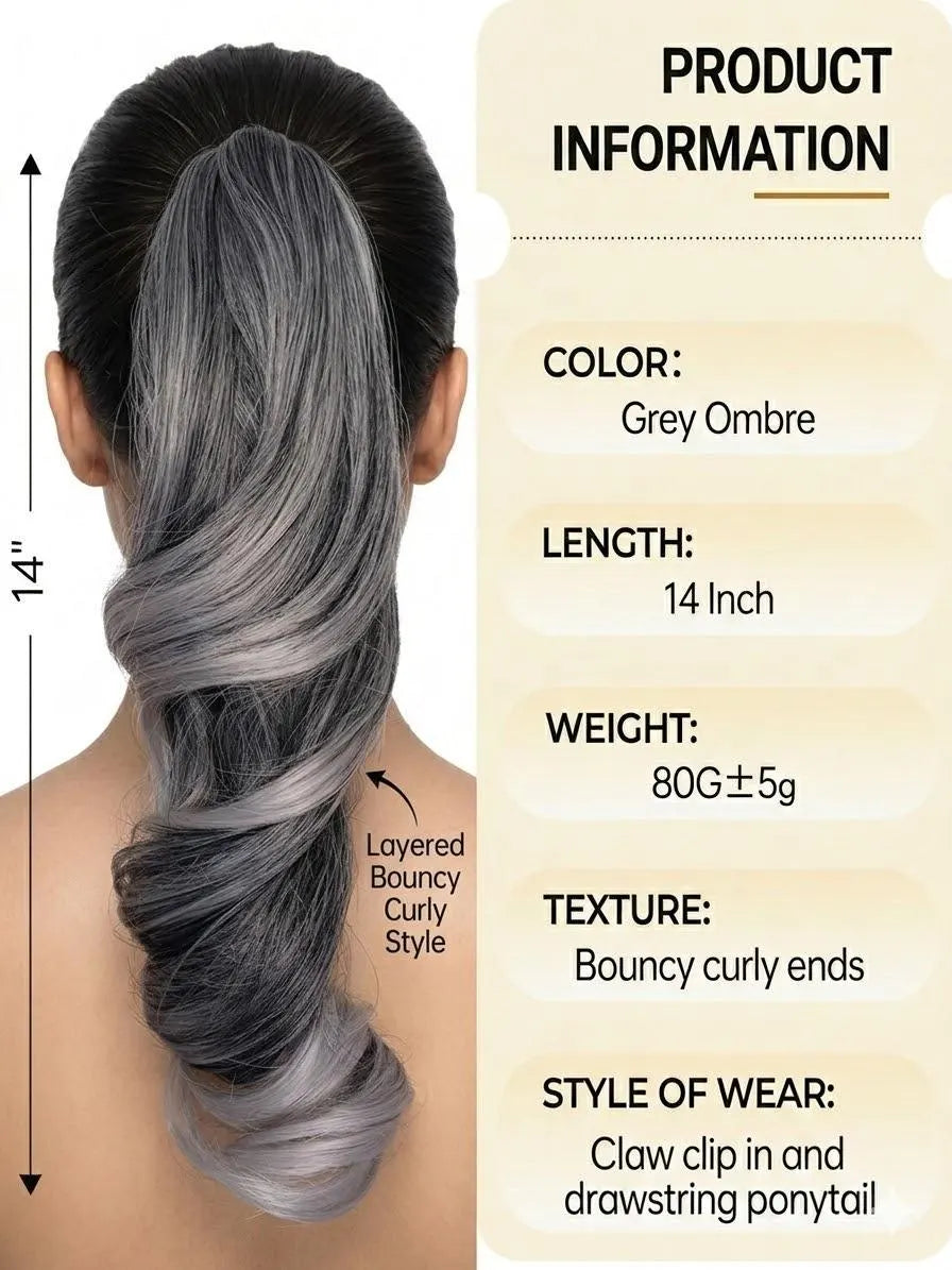 Ponytail Extension 14" Grey Ombre Long Body Wave Hairpiece for Women | Zebaish Wigs And Extensions