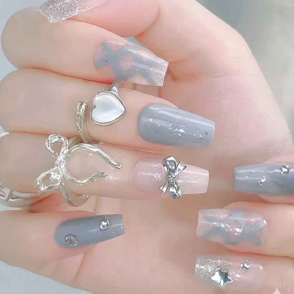Gray Fake Press On Nail Shiny Large Crystal French Wearable False Nails | Zebaish Wigs & Extensions
