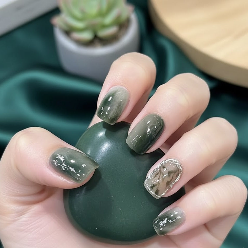 Emerald Green Fake Press On Nail Shiny Large Crystal French Wearable False Nails | Zebaish Wigs & Extensions