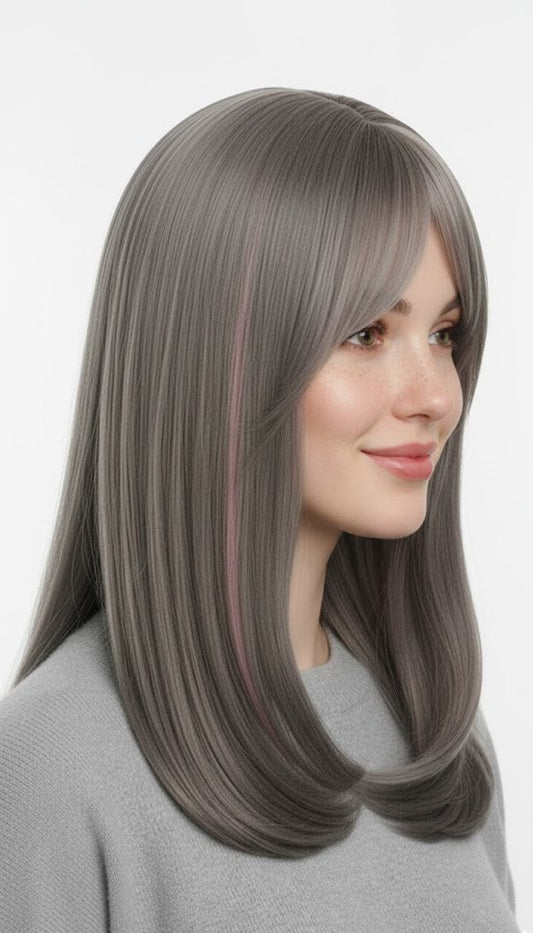 Platinum Blonde Wig with Dusty Pink Highlights 16" Long Synthetic Hair | Zebaish Wigs & Extensions