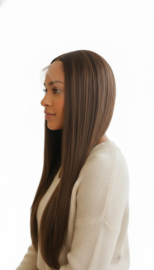 Smokey Walnut Fixed Parting Lace Wig 30" Long Straight Hair For Women Synthetic Hair | Zebaish Wigs & Extensions