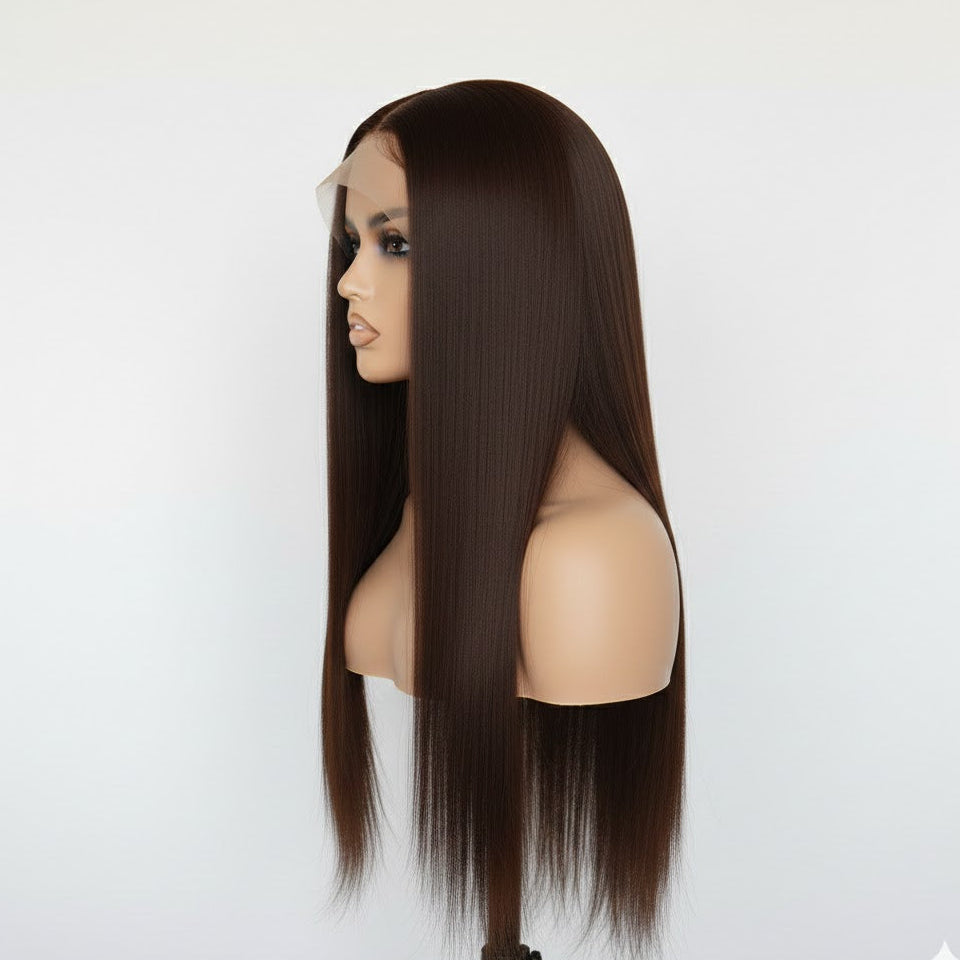 13*4 Chocolate Brown Front Lace Wig 32" Long Straight Synthetic Hair By Zebaish | Zebaish Wigs & Extensions