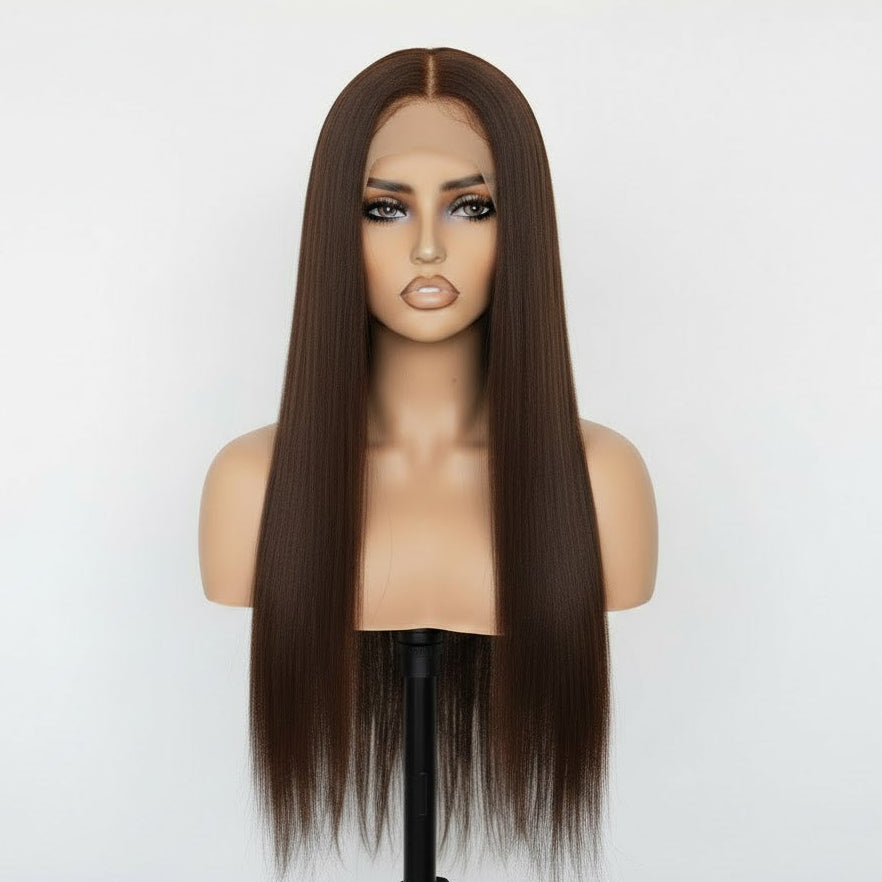 13*4 Chocolate Brown Front Lace Wig 32" Long Straight Synthetic Hair By Zebaish | Zebaish Wigs & Extensions