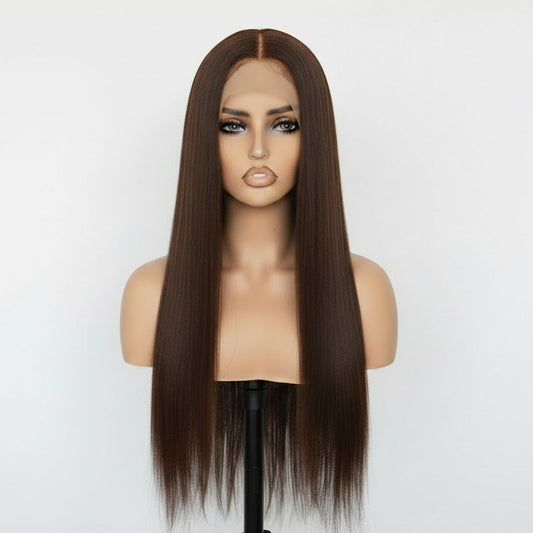 13*4 Chocolate Brown Front Lace Wig 32" Long Straight Synthetic Hair| Zebaish Wigs & Extensions