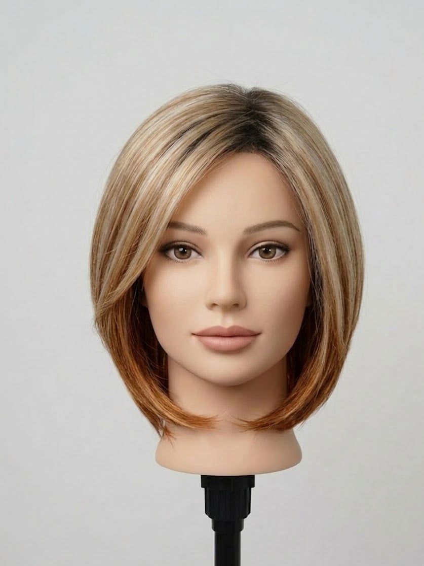 12" Hand-Tied Shadow Root Bob Honey Brown Wig with Ash Blonde Tones | Zebaish Wigs & Extensions