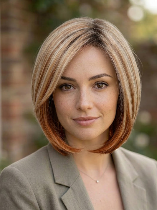 12" Hand-Tied Shadow Root Bob Honey Brown Wig with Ash Blonde Tones | Zebaish Wigs & Extensions