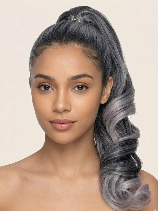 Ponytail Extension 14" Grey Ombre Long Body Wave Hairpiece for Women | Zebaish Wigs And Extensions
